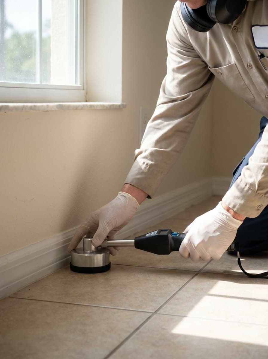 Technician using acoustic leak-detection equipment on a tile floor