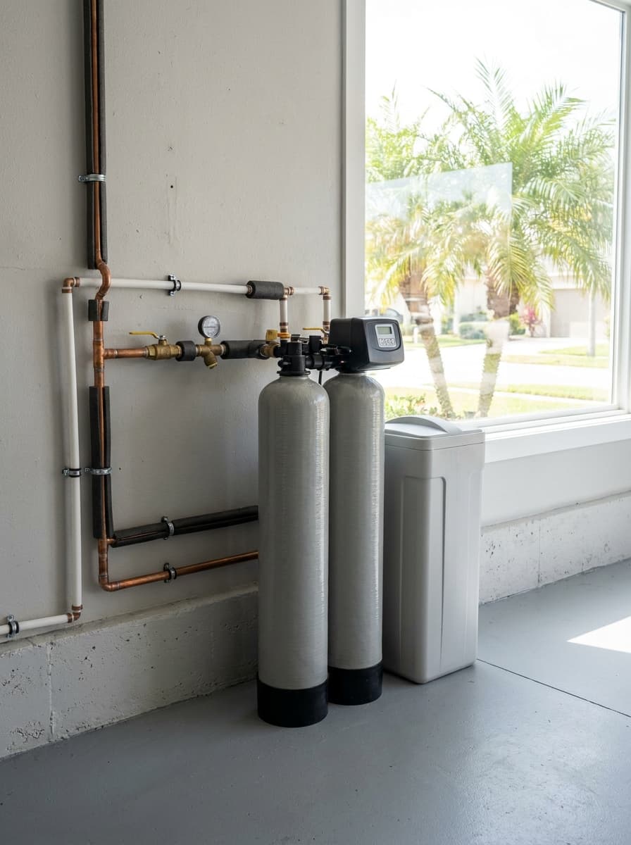 Whole-home water softener system installed in a garage utility area